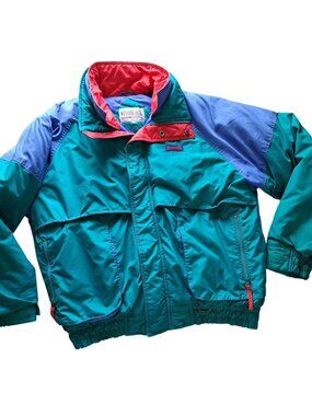 Vintage Windbreaker Mens XL Colorblock Jacket Teal Blue Red Nylon Full Zip Retro
